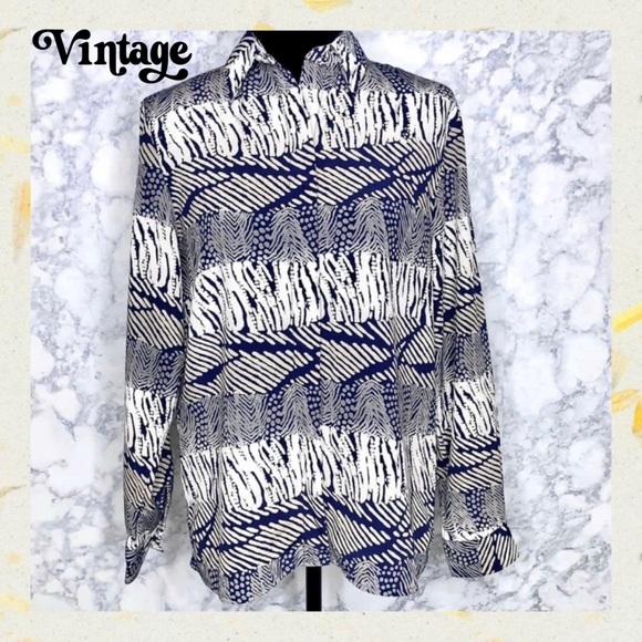⭐️ Alfred Dunner 90s Animal Print Navy Cream Button Up Blouse Women’s 10 - Picture 8 of 9